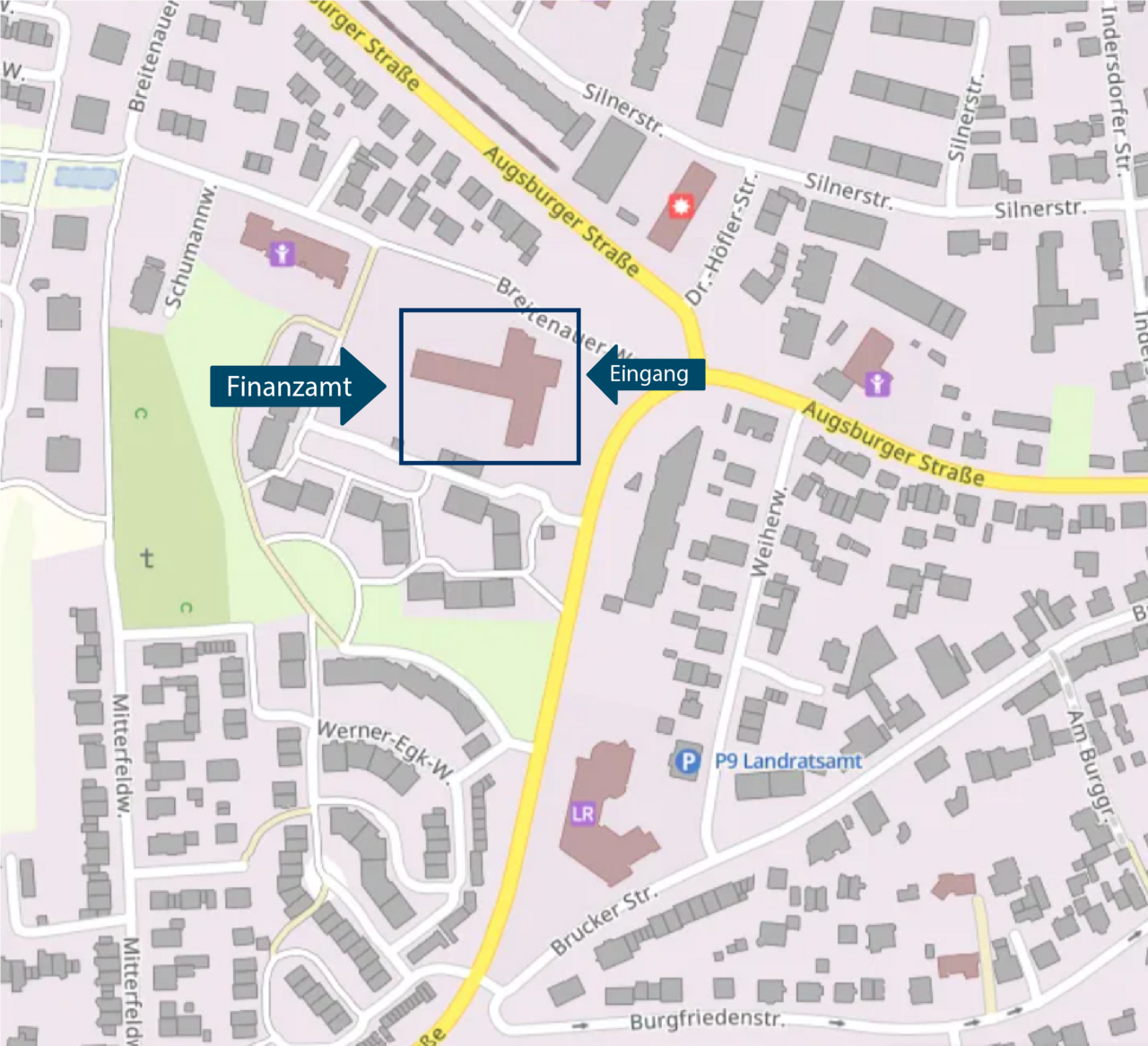 Lageplan mit Markierung Finanzamt Dachau